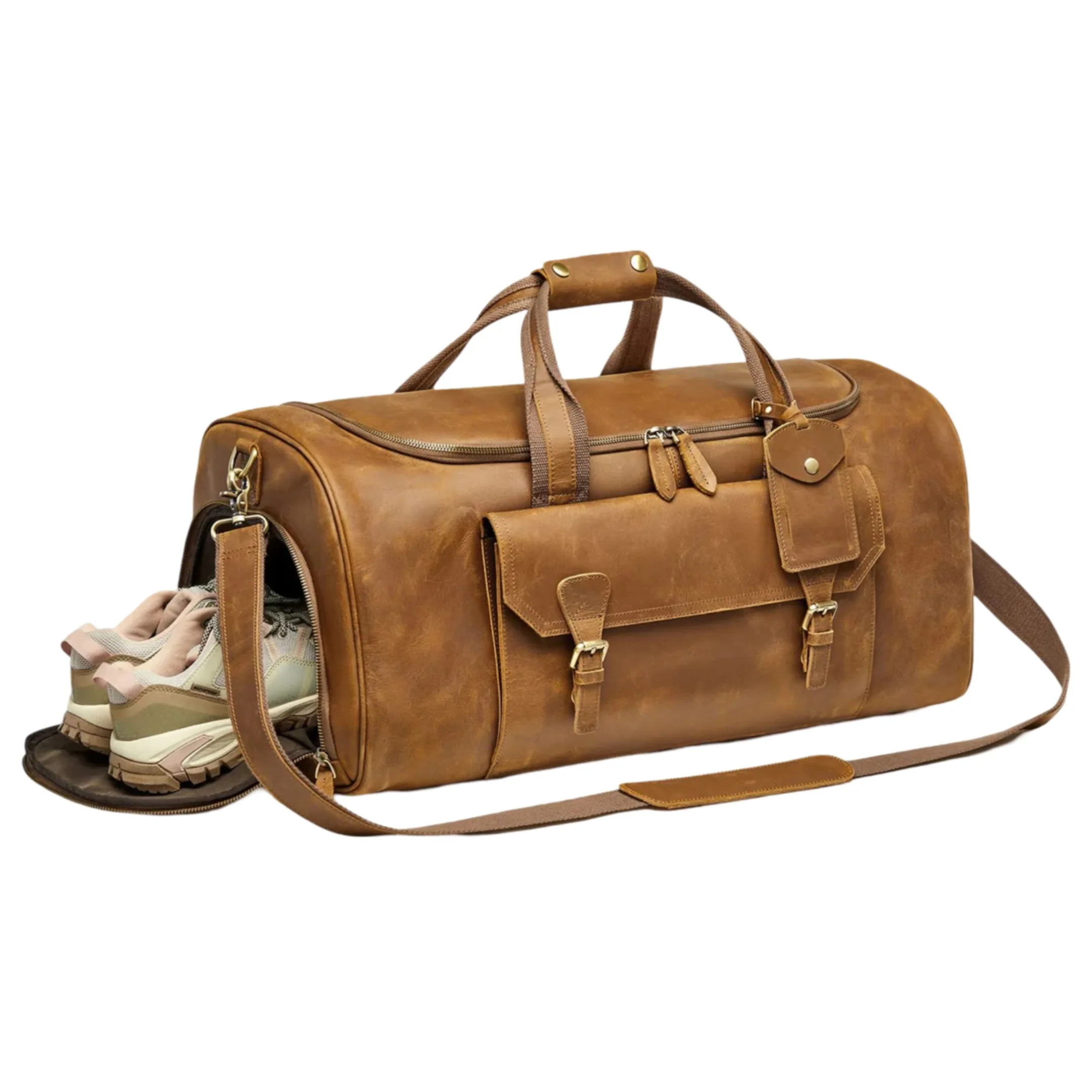 Premium Crazy Horse Designer Genuine Leather Duffel Bag with Shoe Compartment & Trolley Sleeve Travel Business Weekend Getaways