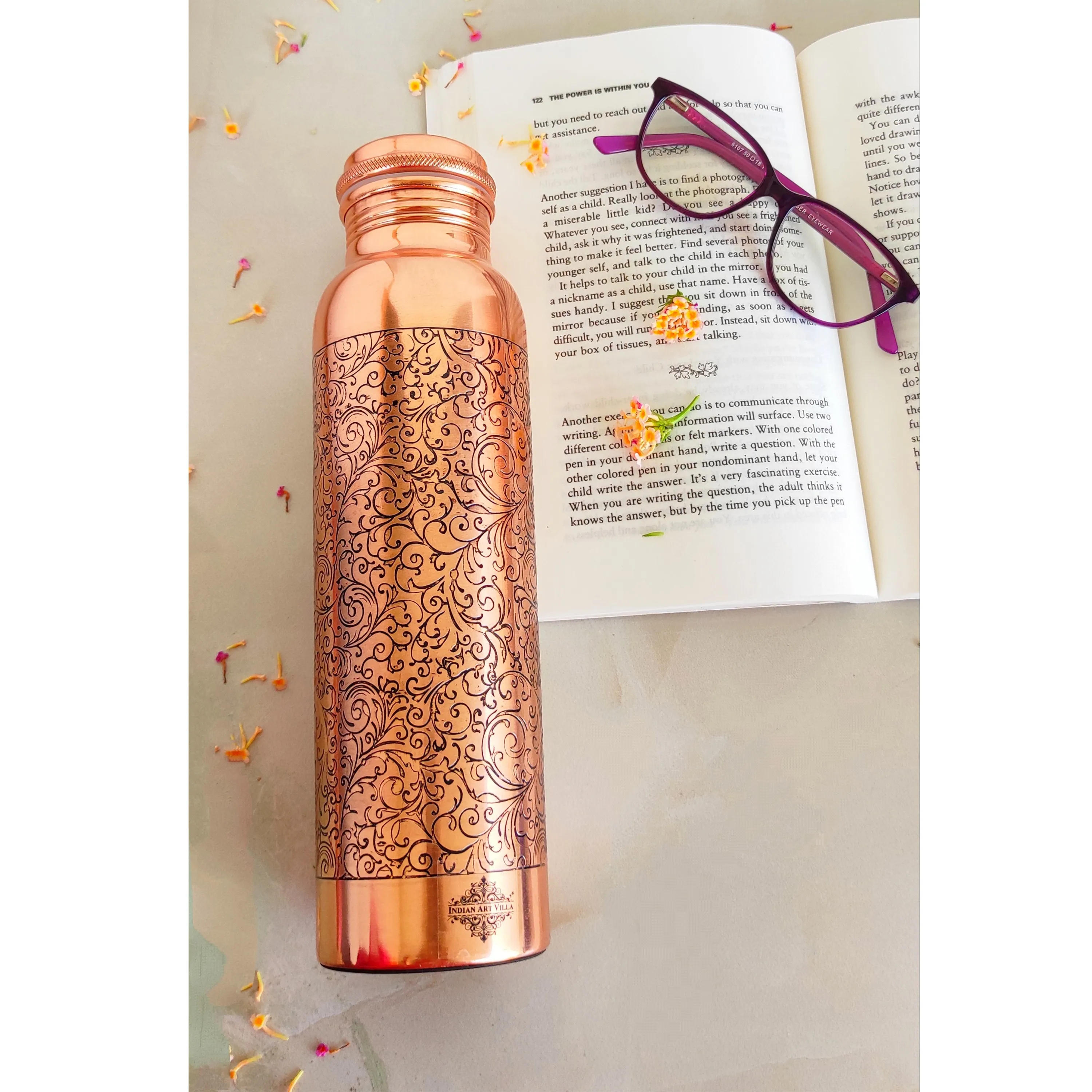 Indian Art Villa Pure Copper Water Bottle With Embossed Design, Drinkware & Storage Purpose, Ayurvedic Health Benefits, 1000 ML