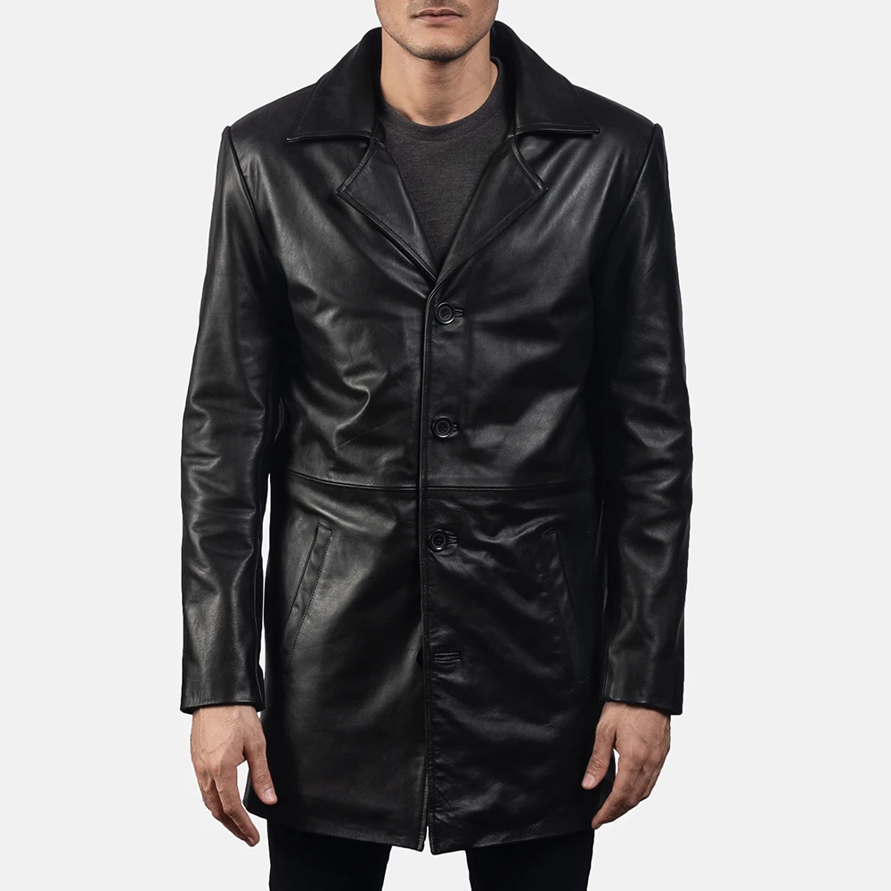 Men black coats closure buttons full length fold collar mens leather jacket with 2 patch pockets