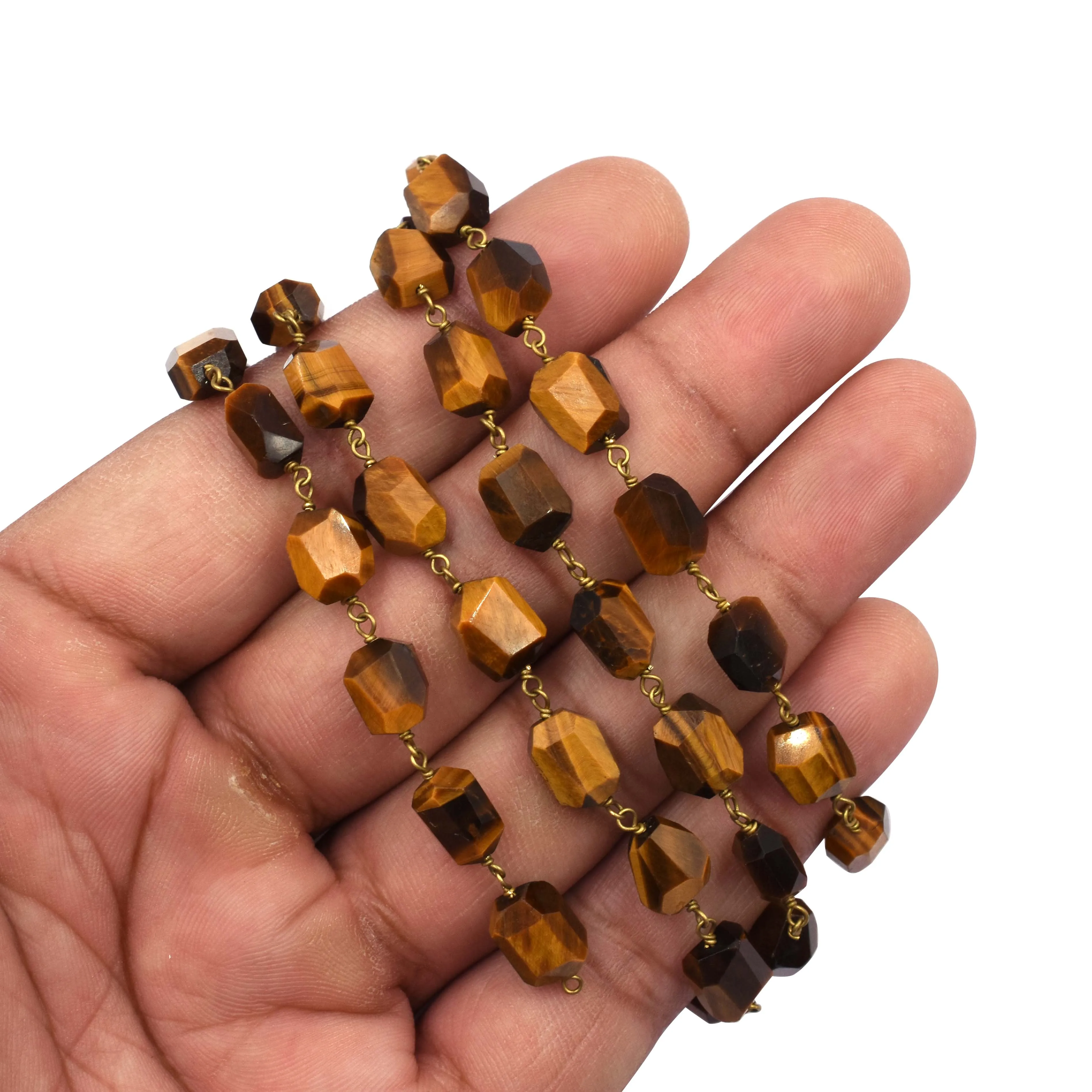 Tiger Eye Nuggets Shape Brass Gold Plated Rosary Wire Wrapped Chain Sold by Foot