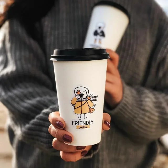 Matt Printing Heat-insulated Double Wall Hot Drinking Disposable Paper Coffee Cups with Lid Single Tea Cup Tea Sets 4 - 24 Oz