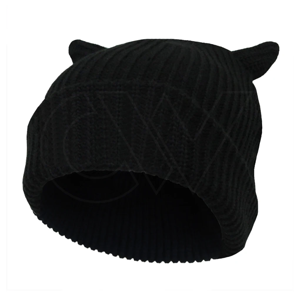 Winter Headwear Solid Black Hat Ribbed Blank Devil Knit Beanie with Horn