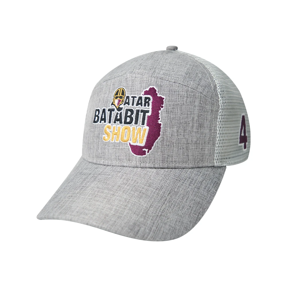 2023 New arrival mesh back tape Adjustable 7 panel linen sports cap customized embroidery logo trucker hats