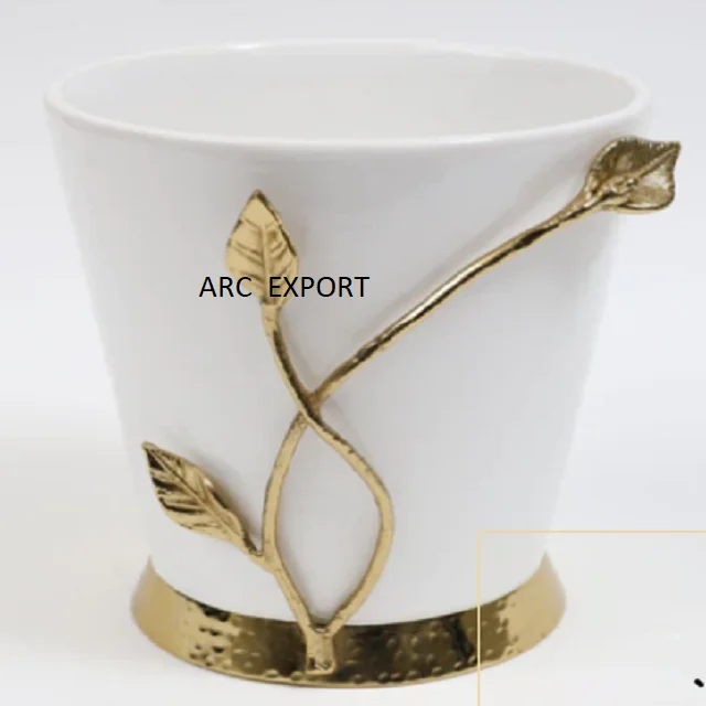Modern Luxury White Designer Brass Metal With Golden Designing Pot Decoration Antique Decorative Flower Vase (11000005478090)
