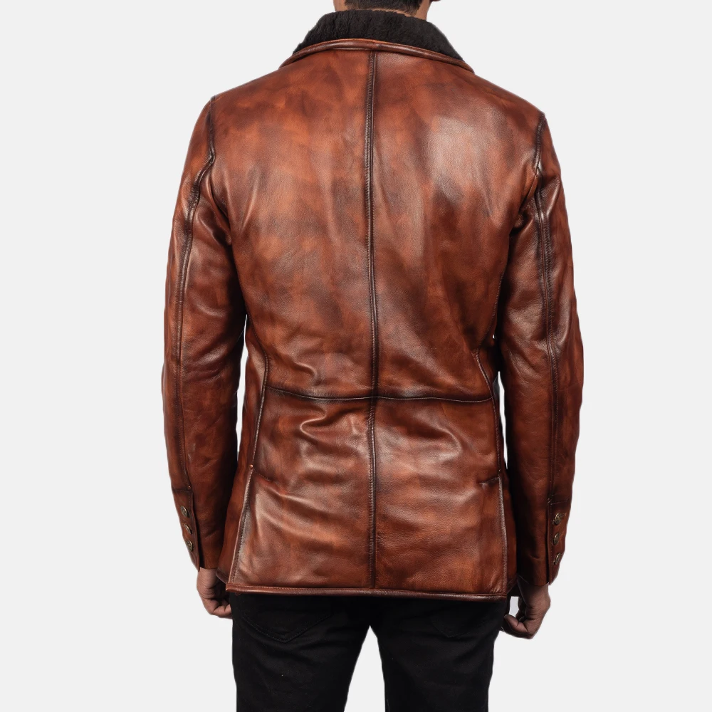 OEM Fashion Leather jacket long/Two tone brown distressed leather jacket for men/Fur decoration genuine waxed leather jacket