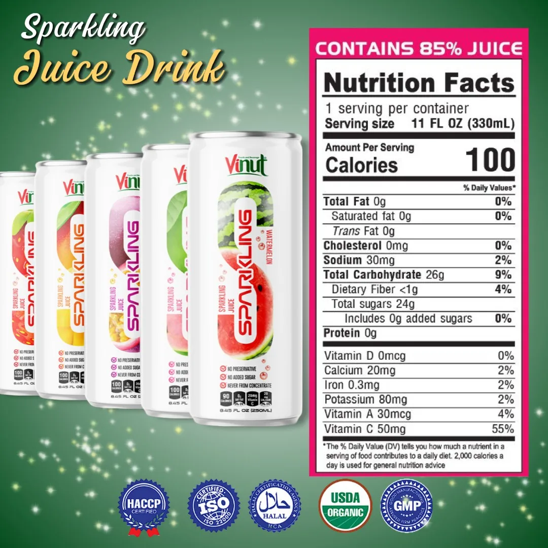 Wholesale Supplier Sparkling Juice Drink w Watermelon, Mango, Passion| 250ml (Pack of 24) VINUT, Free Sample, OEM ODM