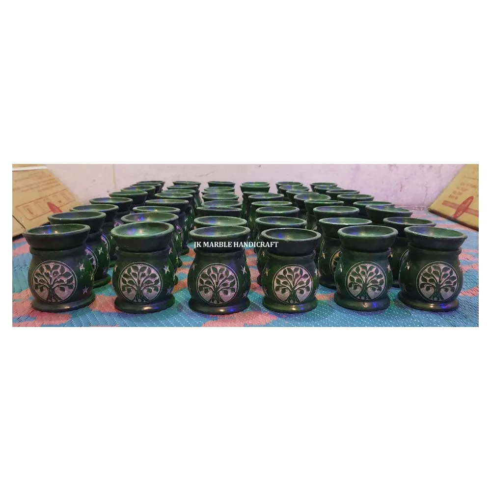 Indian  Manufacturer Of Top Quality Natural Soapstone Hand Carving Green Aroma Oil Burner For Home Decorative