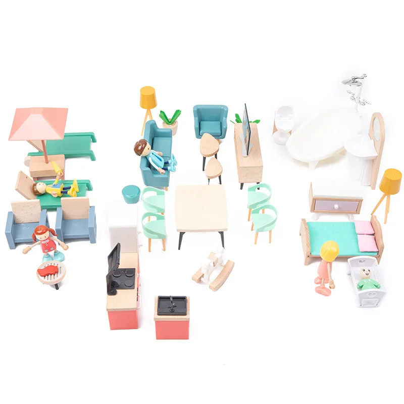 40pcs Little Furniture Toys Wooden Pretend Play House Small Dollhouse Decoration Simulation Mini Set Toy Accessories