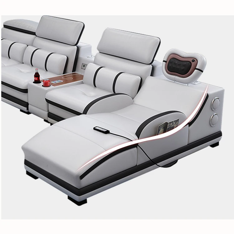 Белый современный угловой кожаный массажный шезлонг с USB-зарядкой и функцией музыкального плеера
