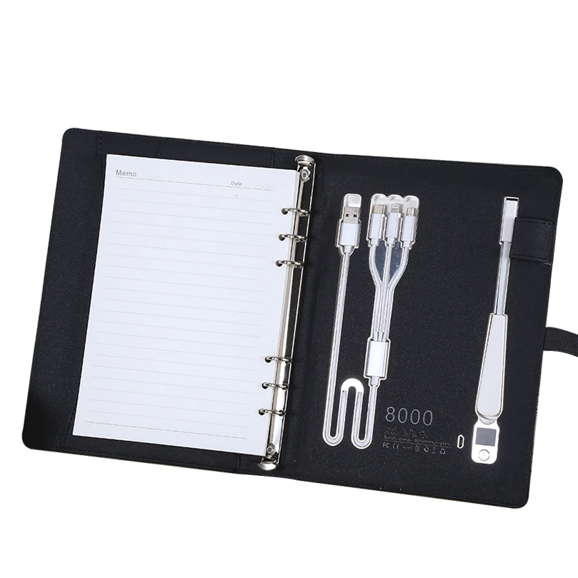 A5 Size Custom USB Flash Drive Diary Gift Set PU Leather Cover Business Planner Notebook Power Bank LED Light Spiral Office