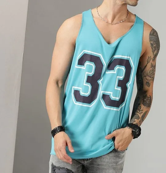 Custom Hip Hop Street Style Wear Sleeveless Tshirt For Men Sea Green No Printed V-Neck Raw Edge T-shirt Knitted Polyester Fabric