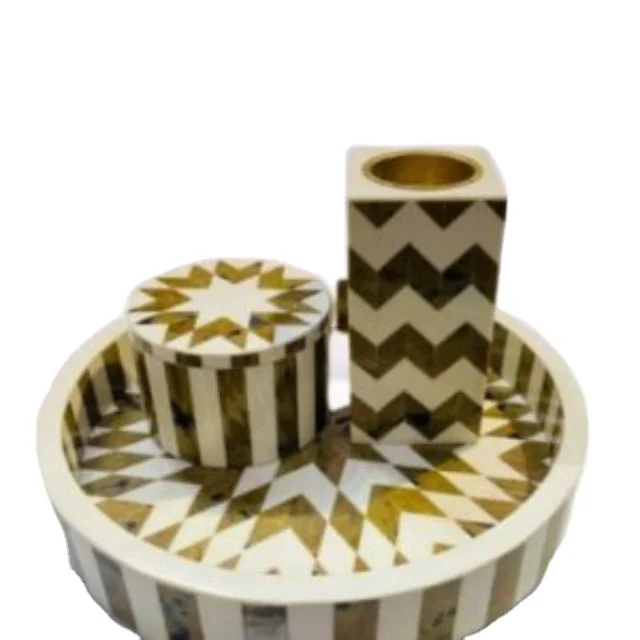 Customized Sticker Print Madkhan Wooden Round Bone Inlay Serving Tray New Bone Inlay Mother Of Pearl Tray Wooden Tray Set Of 3