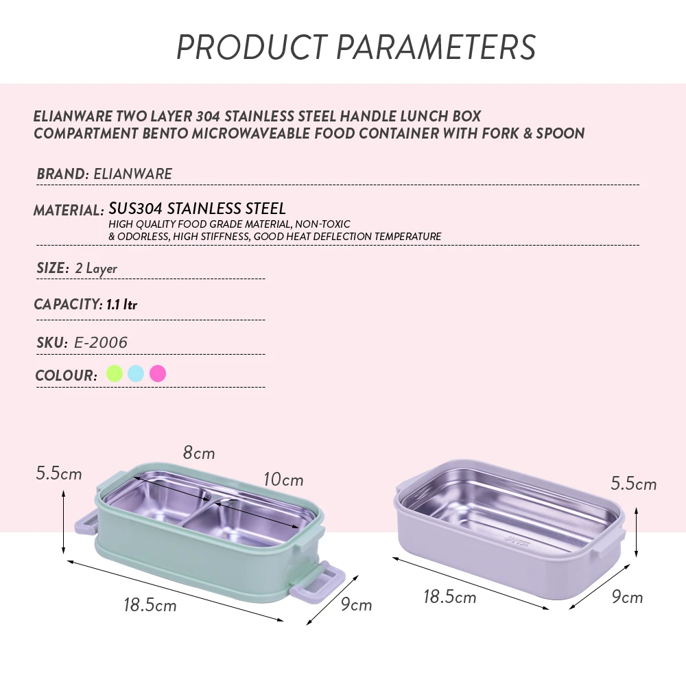 Elianware Eco Friendly High Quality Two Layer BPA Free Plastic Bento Lunch Box with Utensils Fork & Spoon