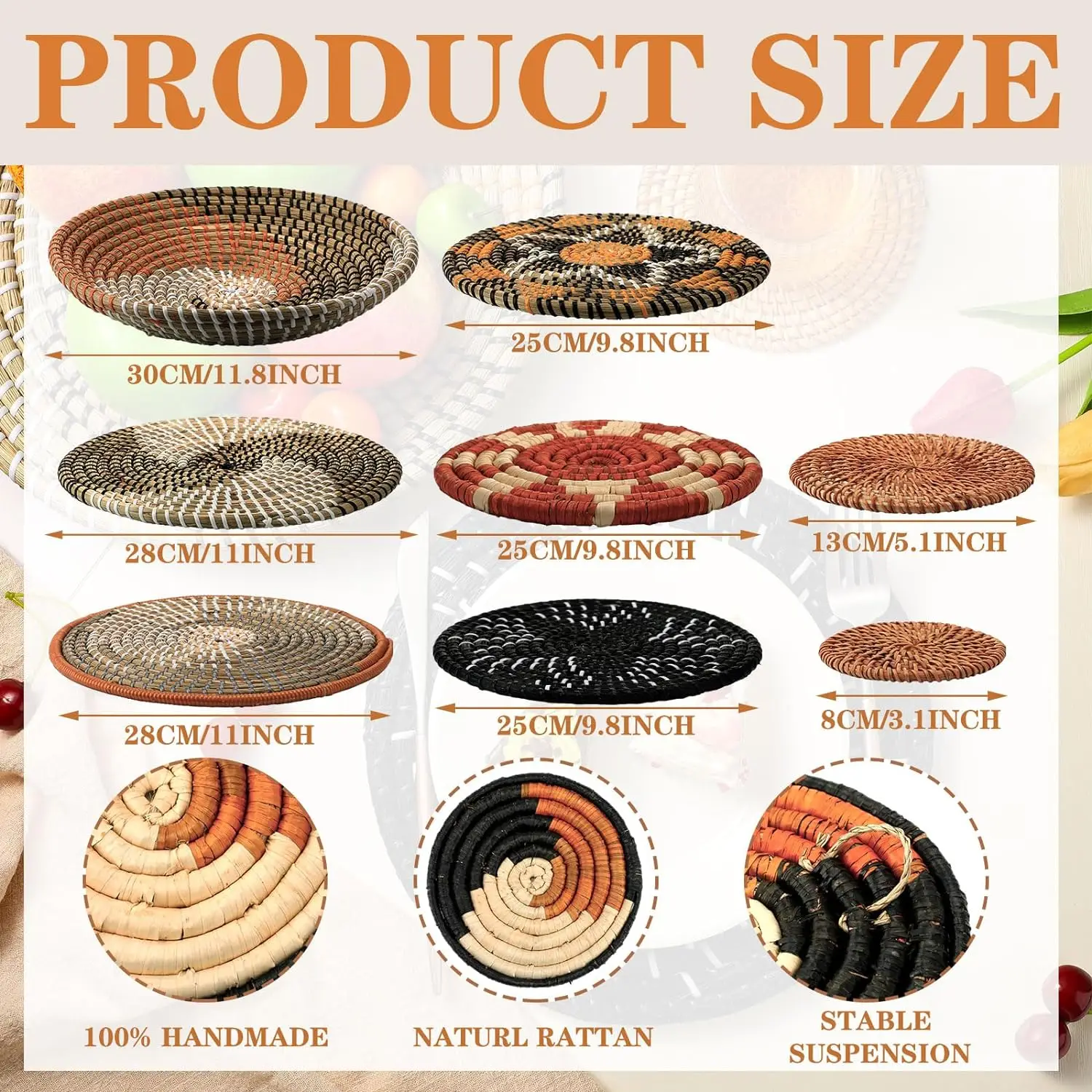 NEW ITEM 11 Pcs Boho Wall Basket Decor Natural Materials OEM ODM | Handwoven Baskets For Livingroom Kitchen