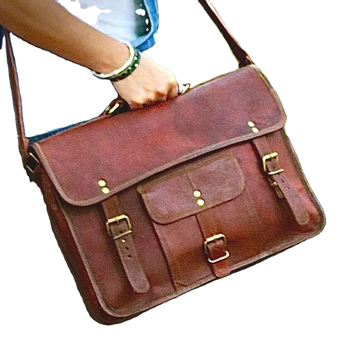 Hot Selling High Quality Luxurious Mens Genuine Vintage 42 CM Leather Messenger Shoulder Laptop Bag For Export Selling
