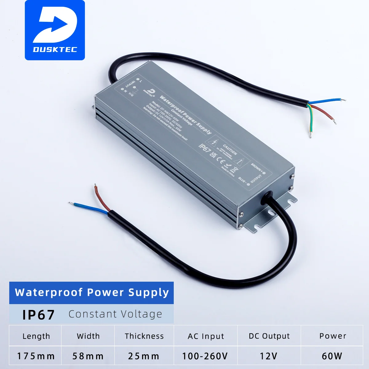 DUSKTEC IP67 Waterproof Class 2 Constant Voltage DC 12-24V Volt Regulated Transformer Switching Power Supply for CCTV Camera Set
