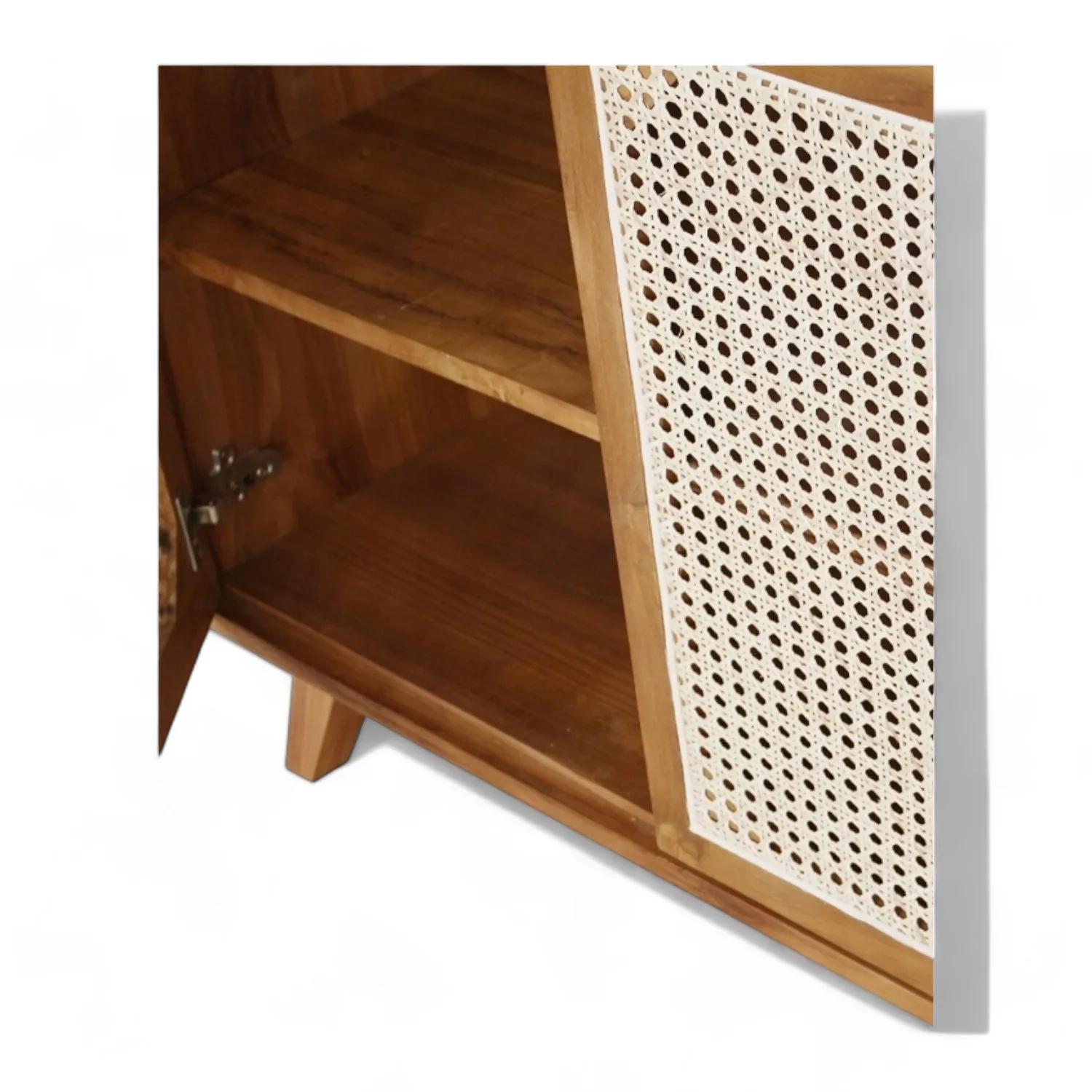 Contemporary Solid Teak Wood Media Cabinet with 3 Natural Rattan Doors and Shelf Wooden Sideboard Tv Cabinet for Living Room