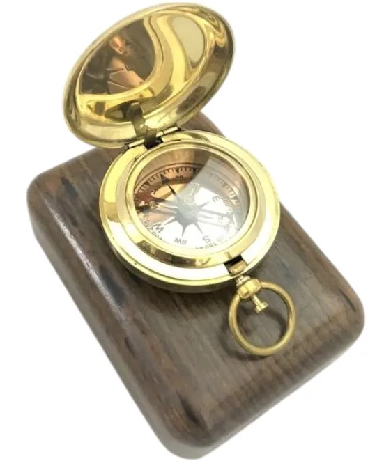Solid Premium Brass Push Button Compass with Wooden Case - Vintage Style Navigation Tool & Gift Box for Collectors & Adventurers