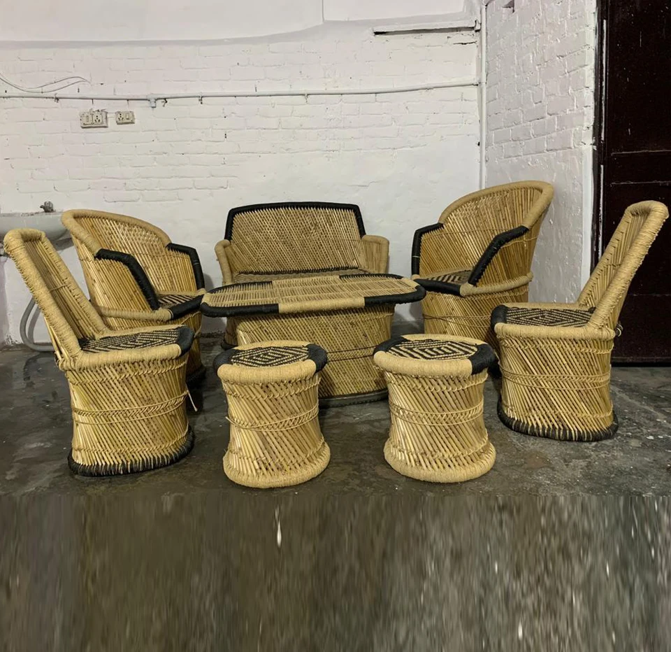 Hot Sale Bamboo handmade Furniture Set of 8 Including Xl size Chairs Table  Stools for living rooms, Hotels Resorts Use