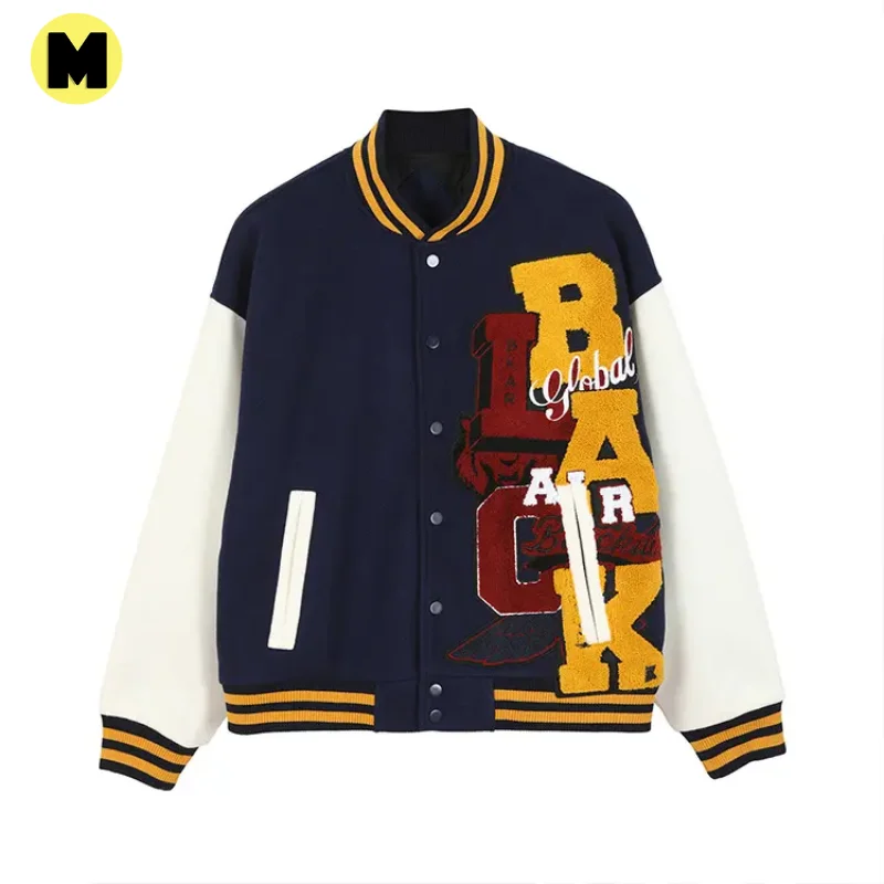 Premium 100% Wool Varsity Jacket for Men Customized with Chenille Patches and Logo Embroidery Button Up