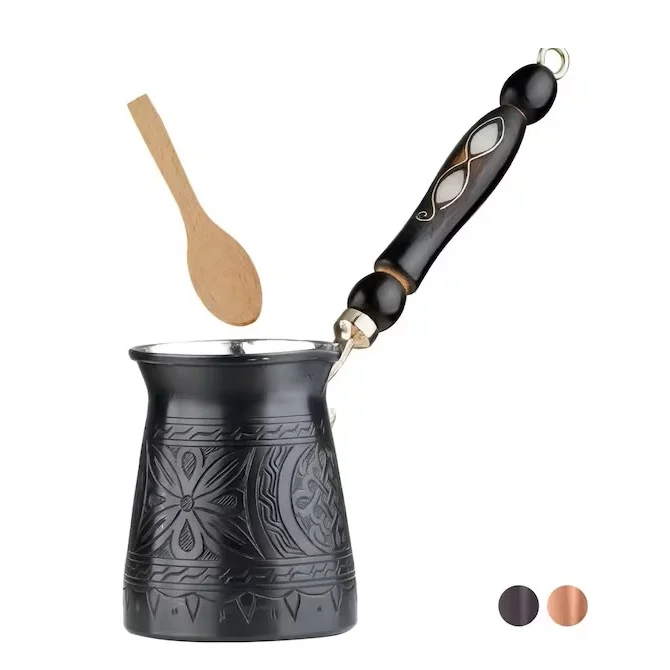 12 Oz Copper Black Turkish Arabic Coffee Pot with Wooden Handle 4 People servings Stovetop Coffee Maker Pot