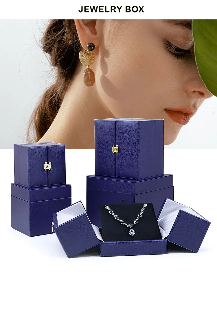 Blue Luxury Pu Faux Leather Jewellery Boxes For Wholesale Blue Grey Ring Necklace Earring Bracelet Set Jewelry Boxes