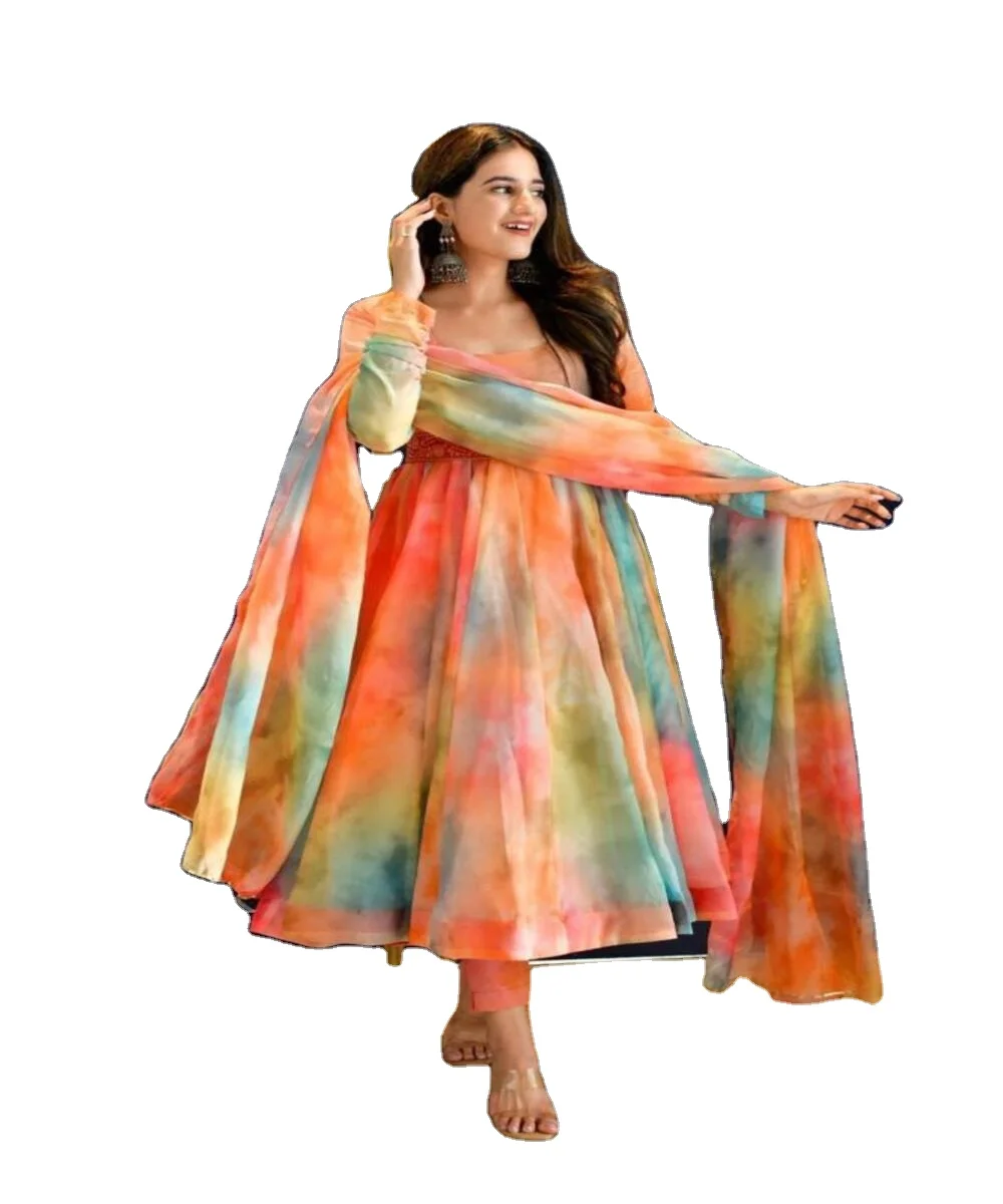 Latest design beautiful orange color embroidery work border long gown with dupatta for Indian women in ethnic garment