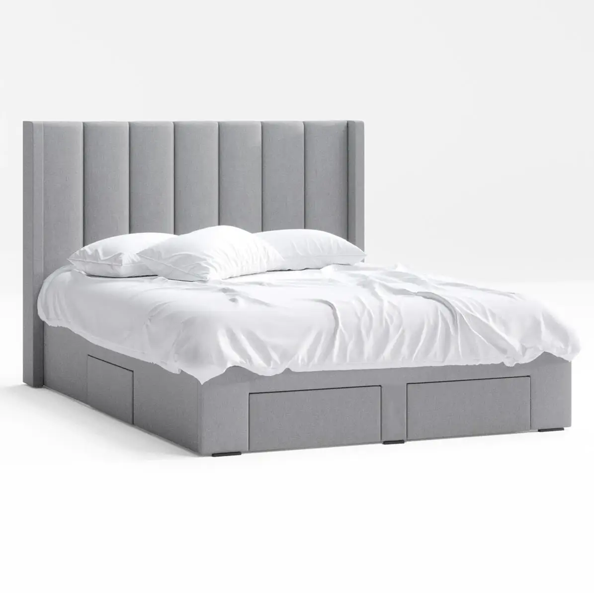 Modern Elegant Design Cheap Price Gray Fabric Queen Vertical Line Headboard Storage Bed with 4 Drawers