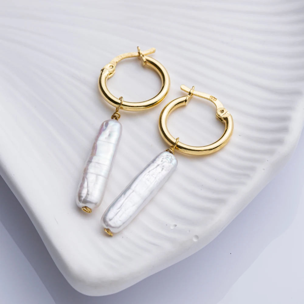 Natural Pearl Design Hoop Dangle Earrings 925 Silver Jewelry Turkish Handcrafted Fine Jewellery