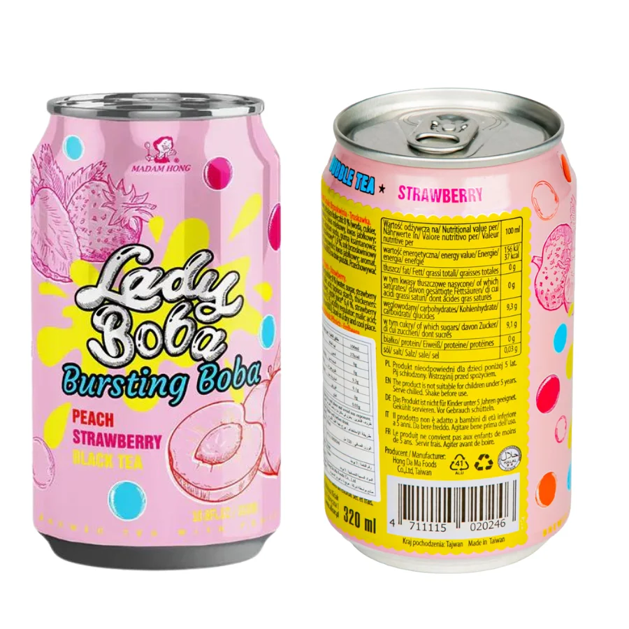 High Quality Madam Hong Peach & Strawberry Bubble Tea 320ml Can Bubble Milk Boba Tea Drinks and Toppings Pearls Black