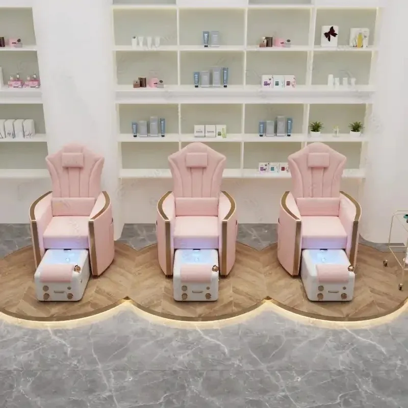 New Luxury Electric Pedicure and Manicure Chair in Pink Velvet with Colorful Lights and Drain Pump, Hot Selling Model