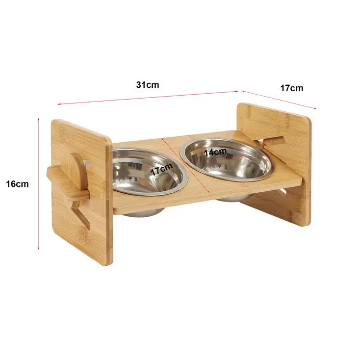 Raised Cat Bowls Wood Dog Cat Food Container Drinking Dish Bamboo Stand and Stainless Bowls Height