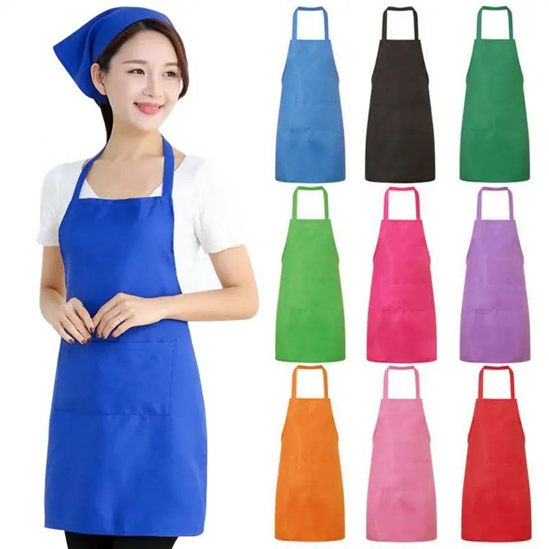 Pure Color Cooking Kitchen Apron Men Women Waterproof Baking Cooking Household Kitchen Restaurant Bib Work Apron Dress Pocket