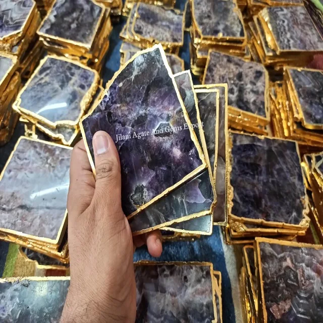 Wholesale High Quality Amethyst Agate Quartz Coasters with Golden Rim Polished Healing Table Cup for Home Decor