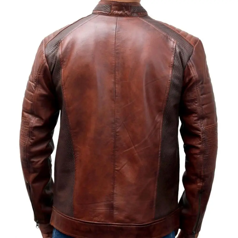 OEM Custom Stand collar distressed leather jacket/Waxed sheep leather vintage jacket/Fitted mens holes leather jacket brown