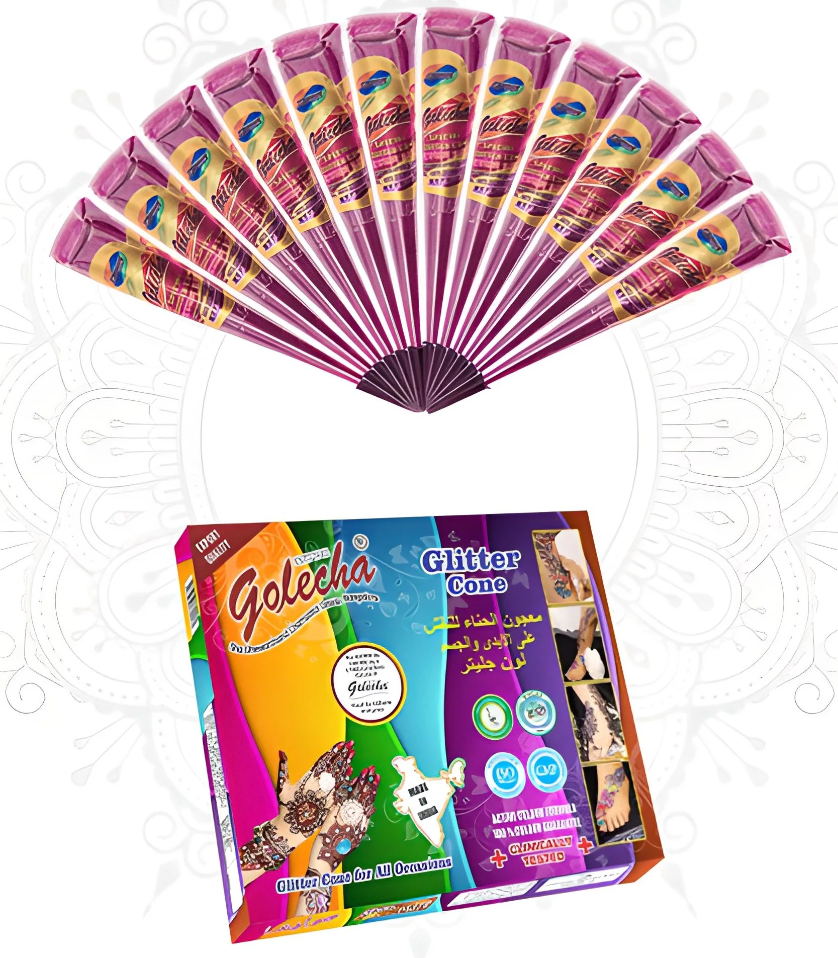 Golecha Pink Glitter Mehandi Cones Herbal Natural Heena For Hand Skin Leg Body, Pack of 12