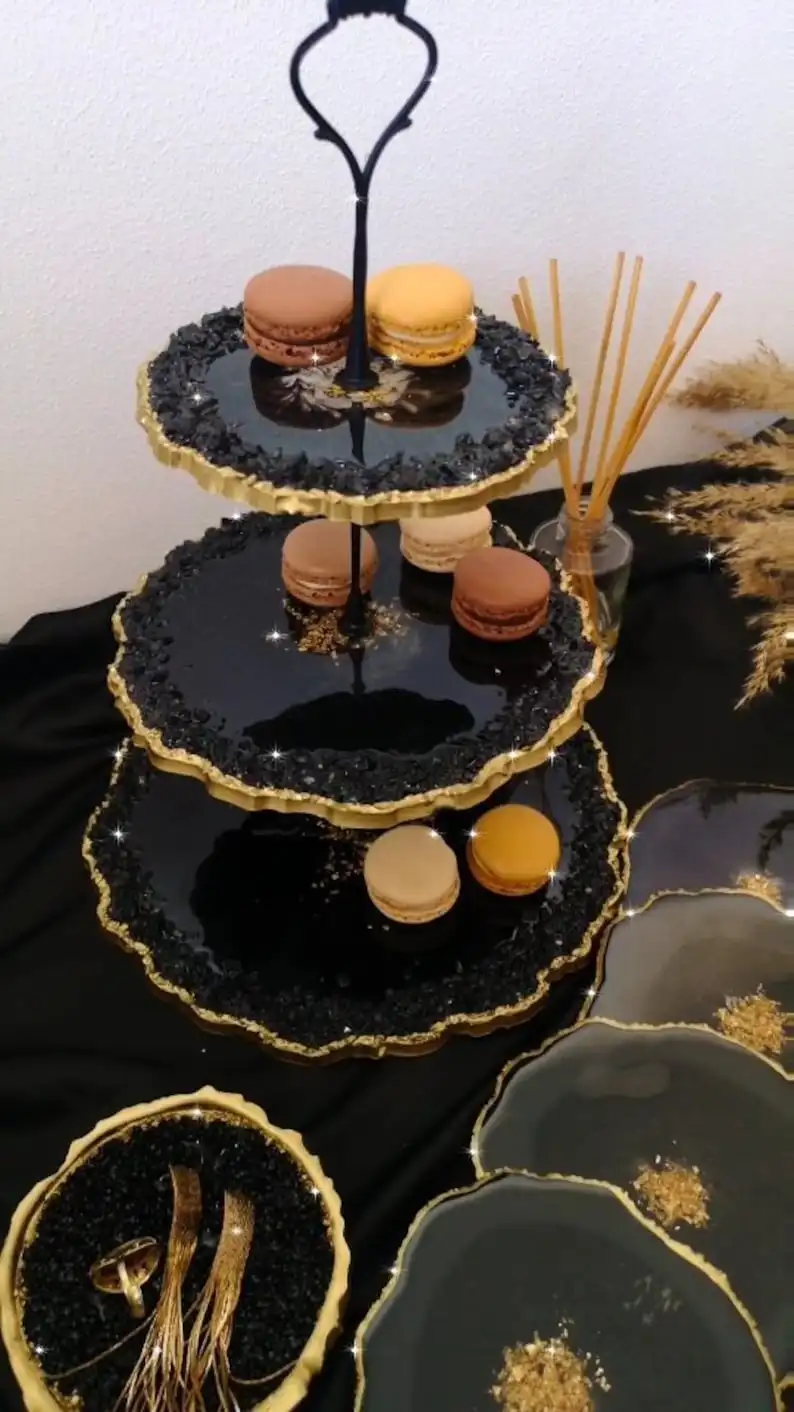 Handmade Artistic 3 Tier Epoxy Resin Tray Gold with Handles Unleash your Home Decor with an Elegant Epoxy Serving Cake Tray