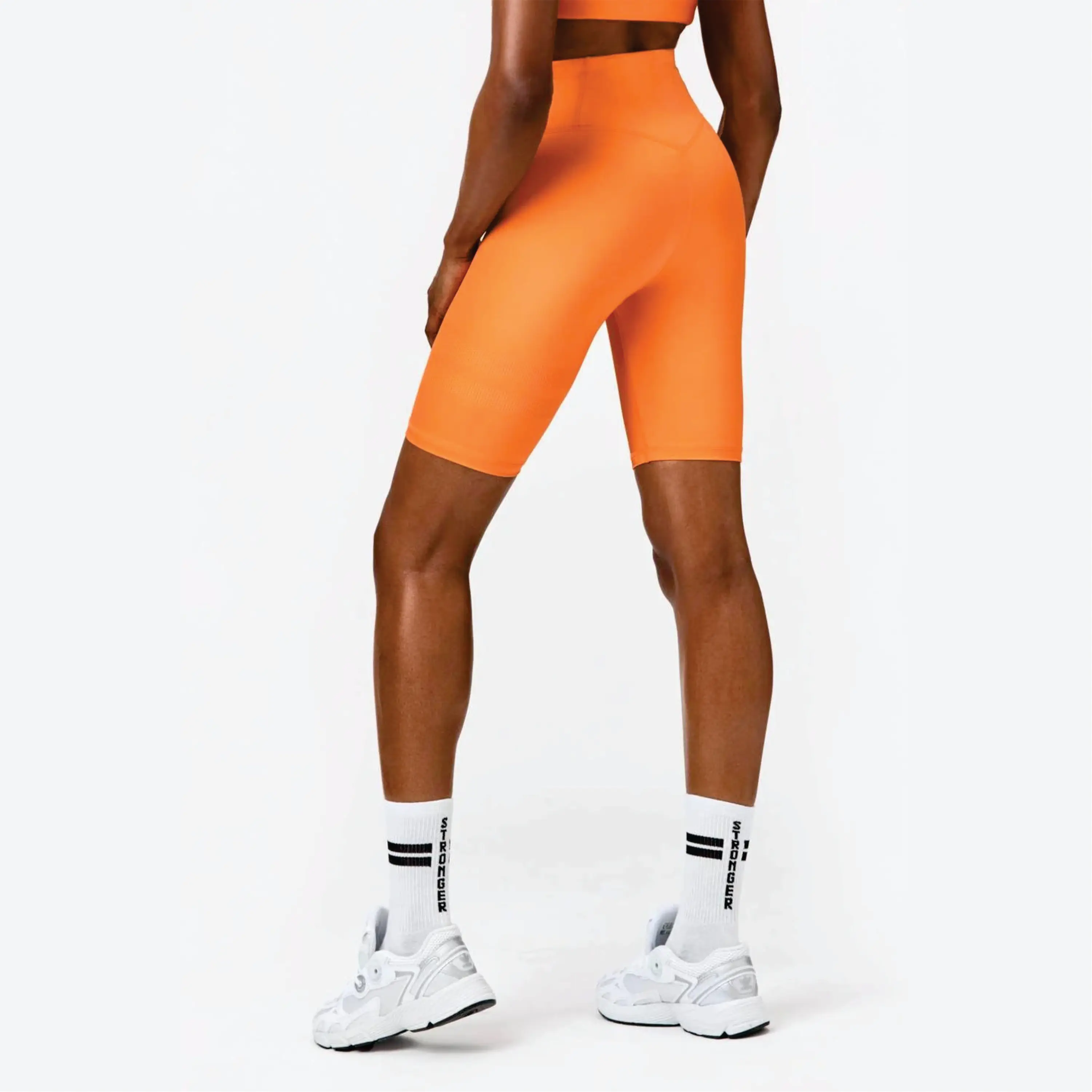 High Waist Squat Proof Pocket at back Shiny Fabric 85% Polyamide 15% Elastane Sun Orange Bike Shorts