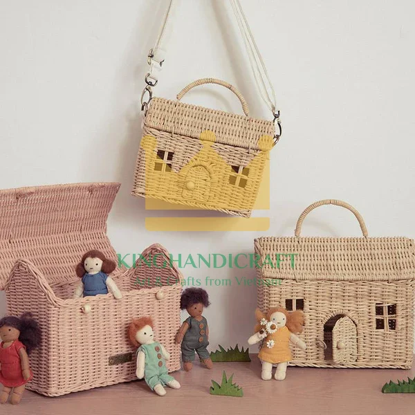 Pink Color House Shape Basket 100% Rattan Material For Kid 36 months Plus Decor Living Room Made In Vietnam