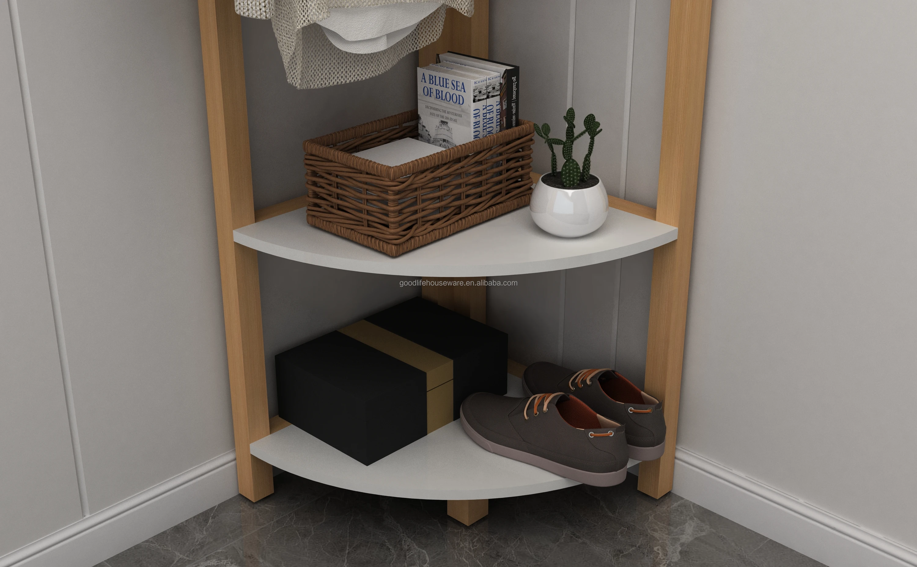 Wooden corner 4-tier shelf free standing Hanger Multifunctional Hallway Storage rack corner shelf