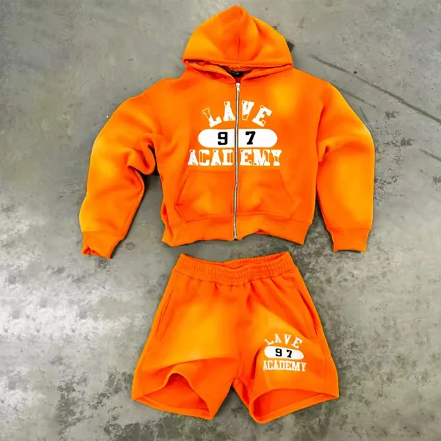 Custom streetwear zip up hoodie and shorts set man sweatsuit embroidery patch sun faded acid washed hoodies tracksuit