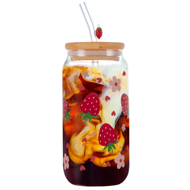 Glass Cups with Lids and Straws 4 pcs Coffee Cups Drinking Glasses Set Glass Tumbler with Straw and Lid Gift 2 Cleaning Brushes