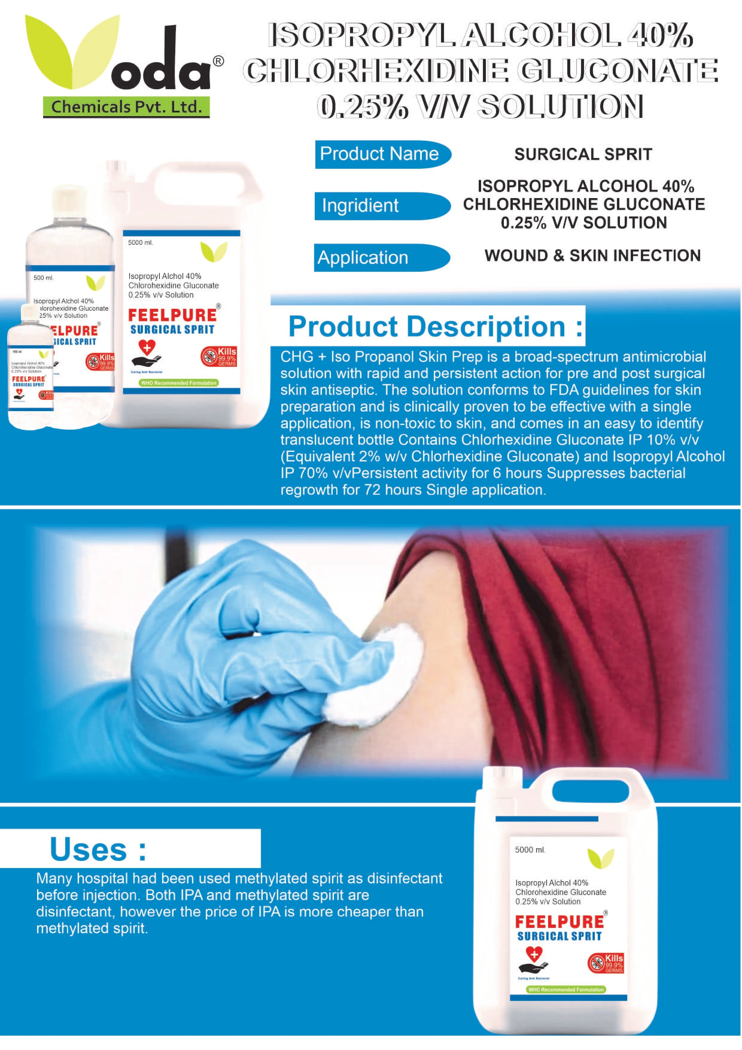 Surgical Spirit IPA 40% CHG 0.25% 100 ML With customized Packing size Surgical spirit Solution at low low price of IP Grade