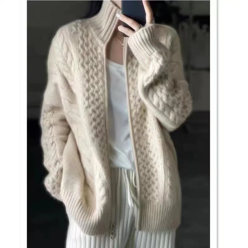 New trend Street Harajuku Vintage Stand Solid color collar fashion knitting crochet cardigan for women