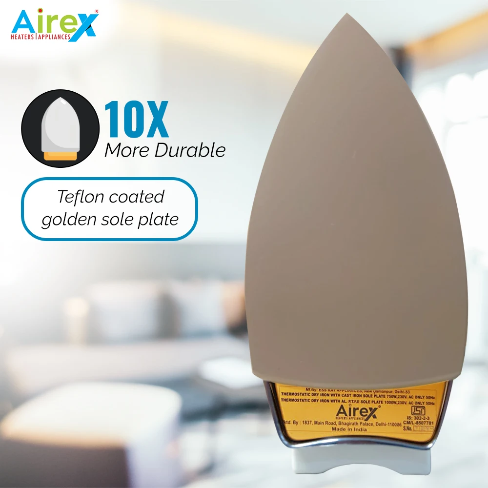 Airex Dry Iron Plancha Golden Sole Plate Iron Temperature Controlling Clothing Iron ABS Plastic Body(Light Weight,750 Watt)