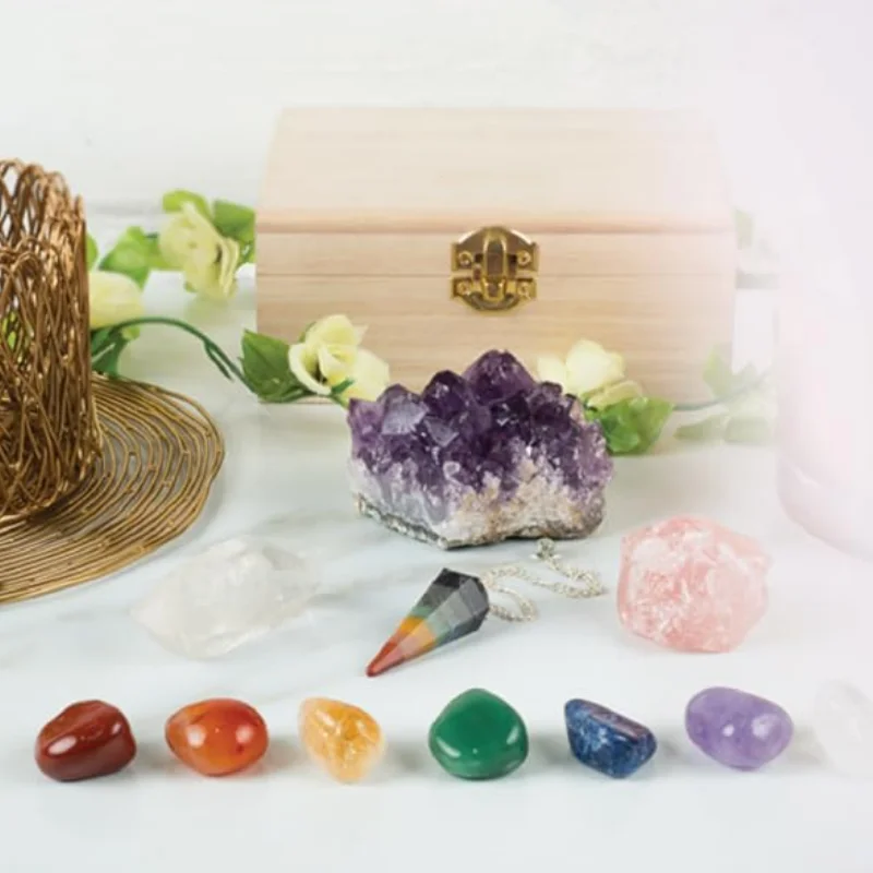 Semi-Precious Stone Crafts Premium Crystals and Healing Stones Premium Kit in Wooden Box 7 Chakra Stones Healing Set Gift Ready