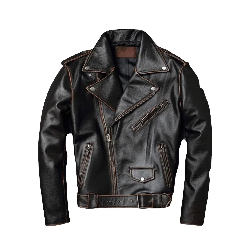 2023 Лидер продаж Высококачественная Заводская оптовая цена черная мотоциклетная куртка из воловьей кожи