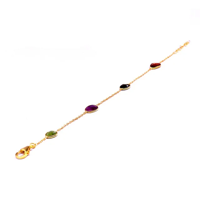 Handmade 925 Sterling Silver Gold Plated Multi Color Tourmaline Gemstones Ladies Wear Link Chain Bracelet