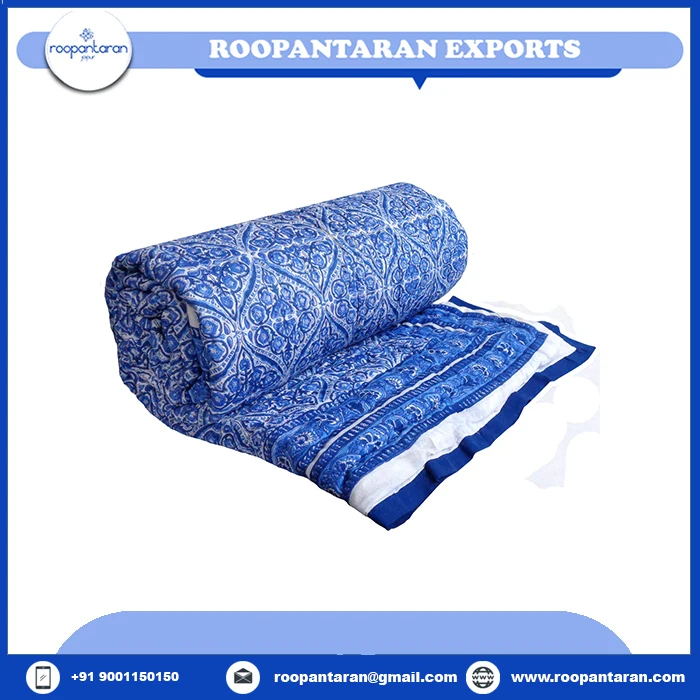 Cotton Quilted Bedspread 100% Pure Cotton Filling Traditional Woodblock Style Hand Block Printed Cotton Twin Size Quilt