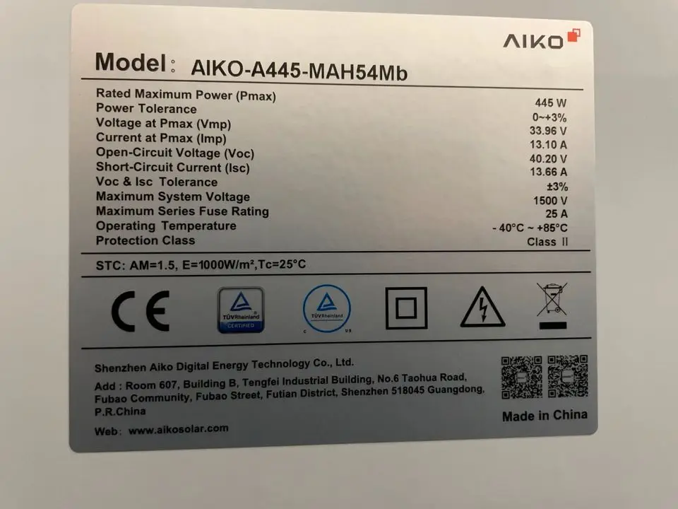 Aiko A450 mah54mb  N type ABC 440W 445W 450 Watt 455W photovoltaic panels Dual-Glass Solar Panel Fitting For commercial